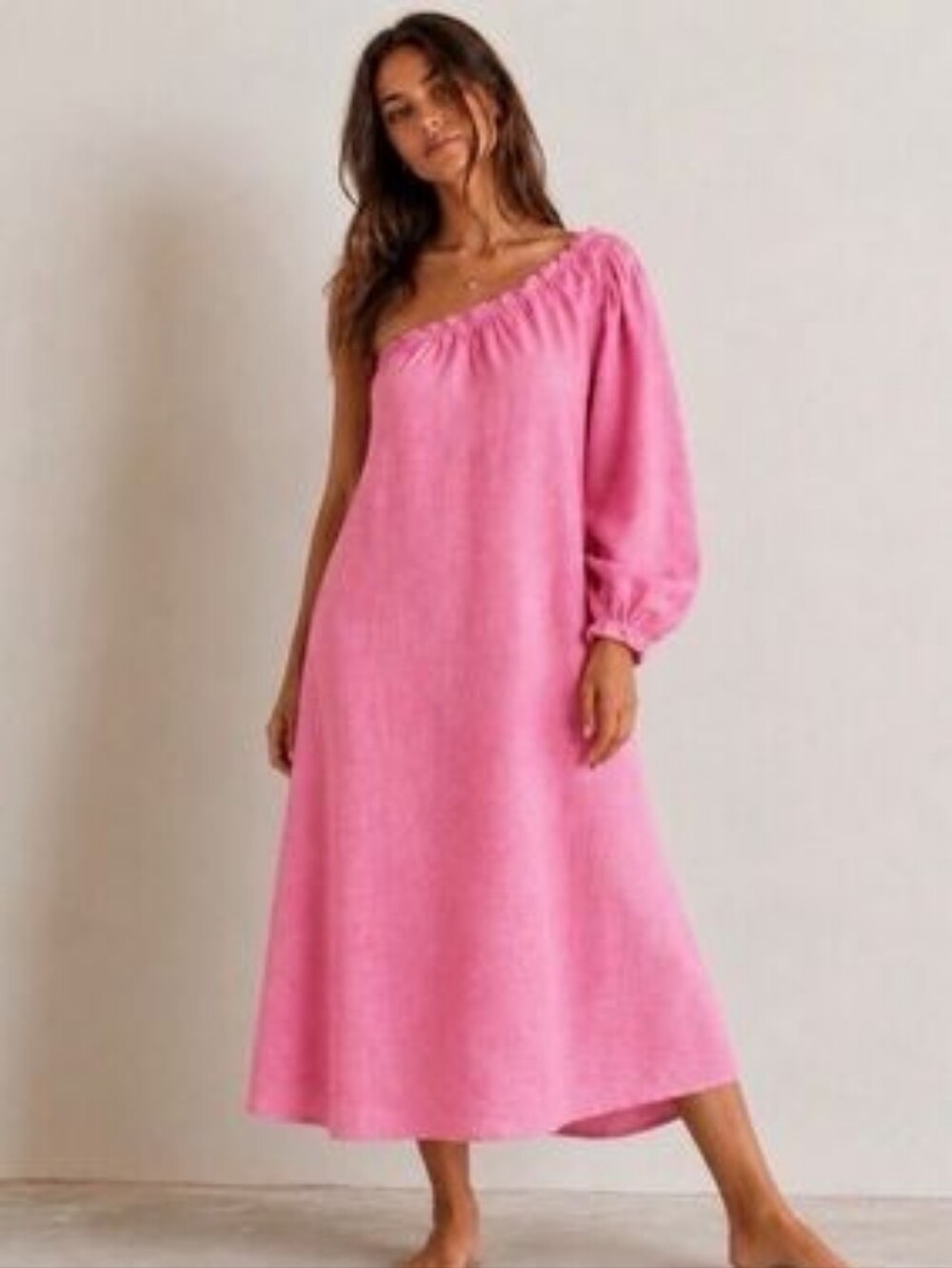 Lake Millie One-Shoulder Pink Midi Dress Linen